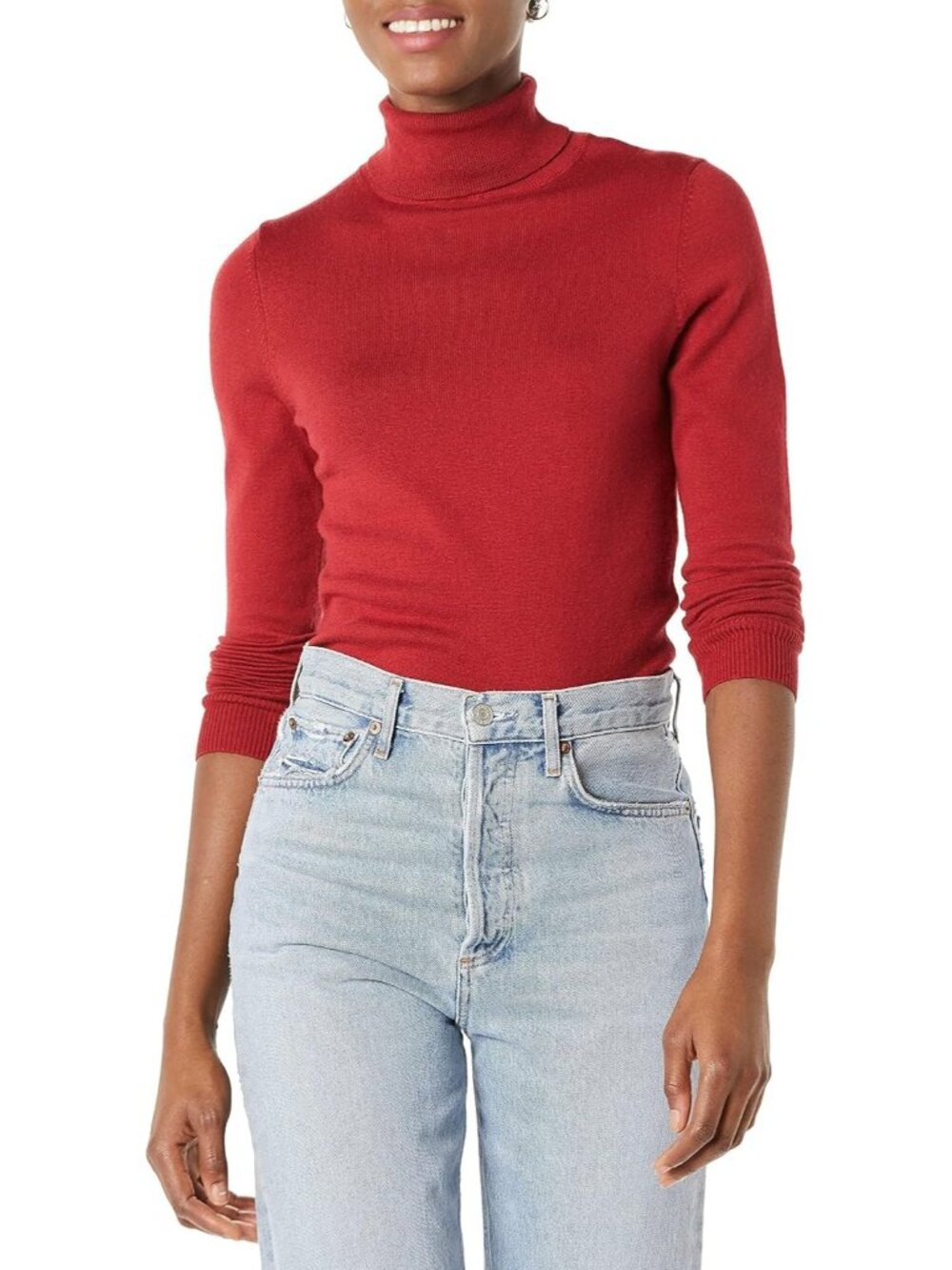Women's Dark Red Classic Long Sleeve Turtle Neck Lightweight Pullover Sweater